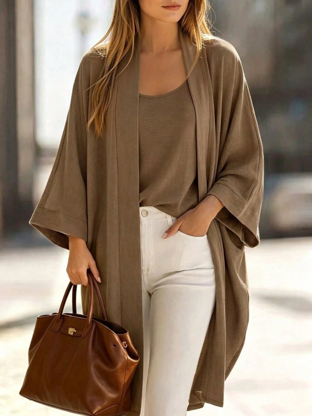 Chic Mocha Brown 2-Piece Knit Set | Kimono Duster Cardigan & Scoop Tank